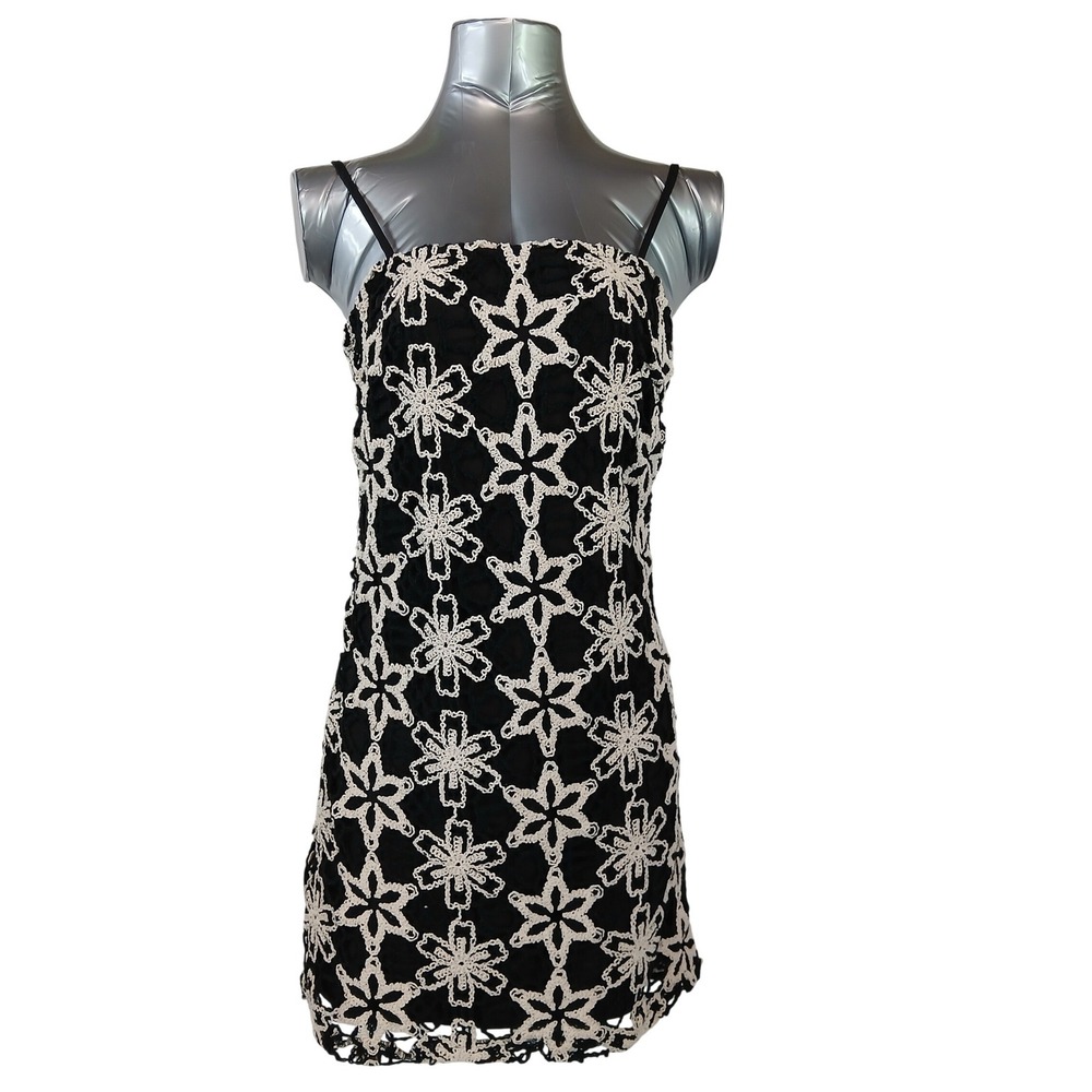 Idem Ditto Womens Black Cream Floral Crochet Mini Dress Lined Sz Sm Coquette